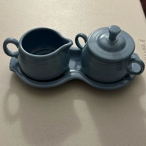 Fiestaware periwinkle sugar cup, creamer, and 8 dish